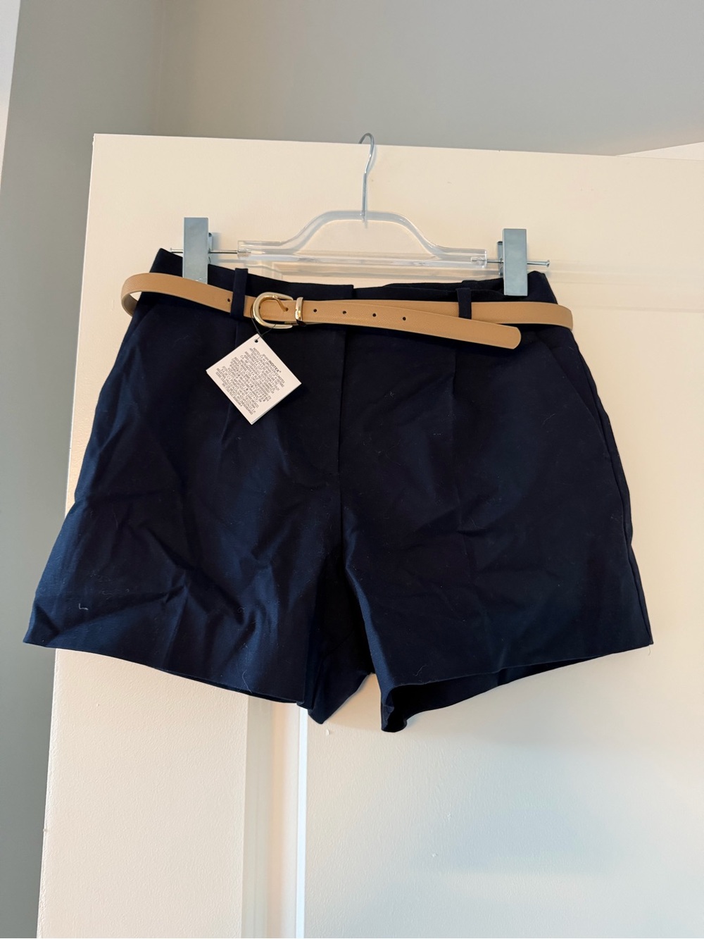 Zara Navy High-Waist Shorts with Tan Belt